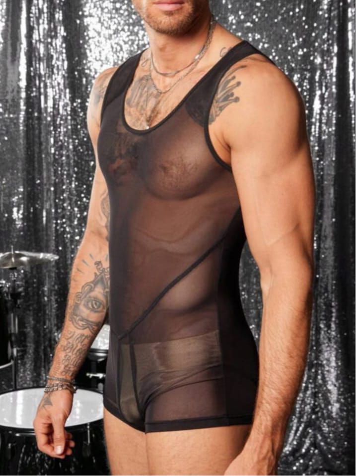 Men's Sexy See-Through Mesh Suspender Romper